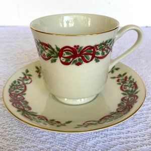 CENTURION Ribbon Holly Footed Cup & Saucer Set-Holly & Red Ribbon Rim, Gold Trim